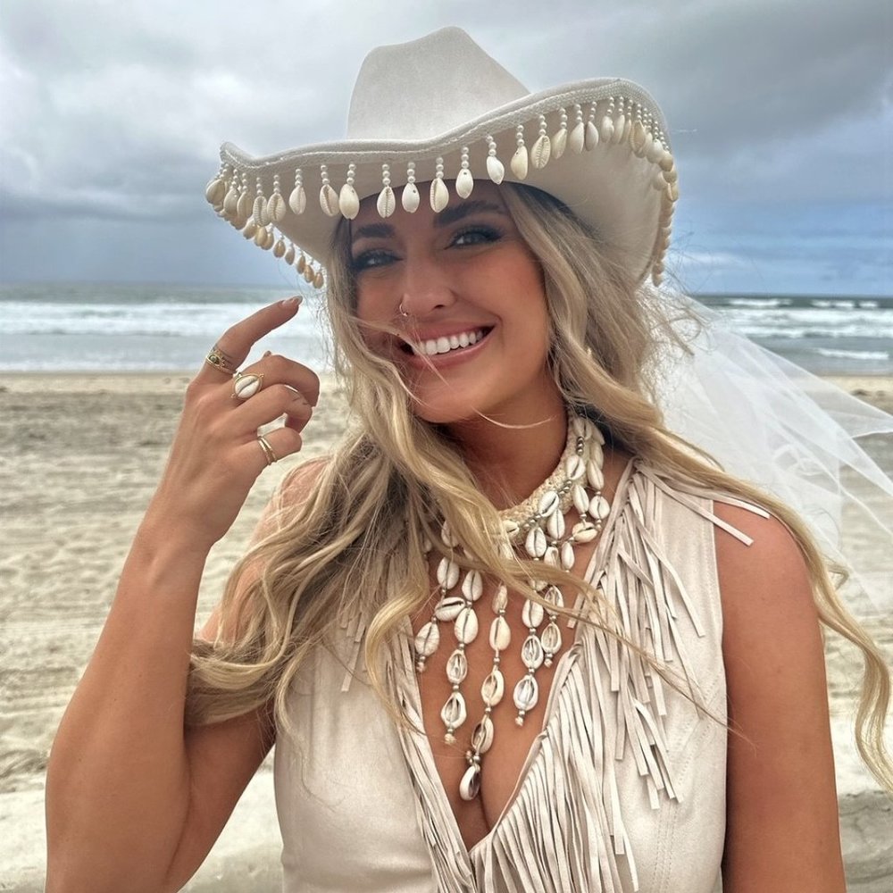 Custom Bride White Cowboy Hat with Puka Shells and Mini Veil